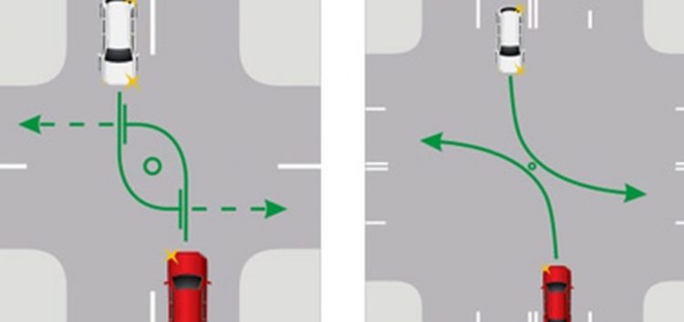 Як одночасно повернути ліворуч зустрічним автомобілям на перехресті